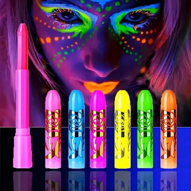 Glow face paint under UV light, perfect for bold and colorful party makeup looks.