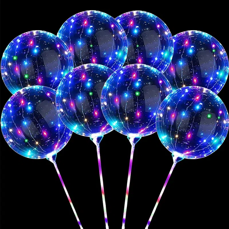 Glow balloons with colorful LED lights, perfect for creating a vibrant party atmosphere.