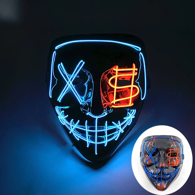 Blue and red neon Jigsaw Mask with glowing dollar signs and creepy details.