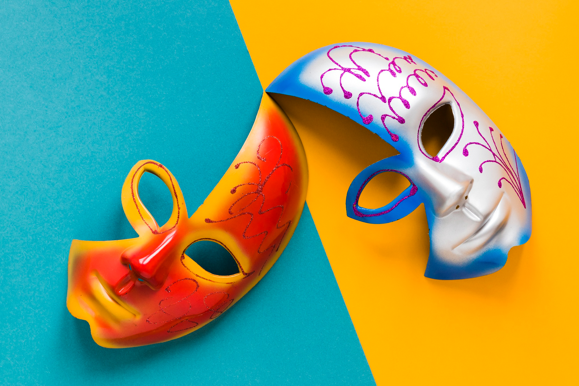 Colorful half Jigsaw Masks with creative patterns on a vibrant background.