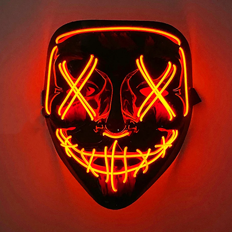 Bright red neon Jigsaw Mask with crossed eyes and a sinister glowing smile.