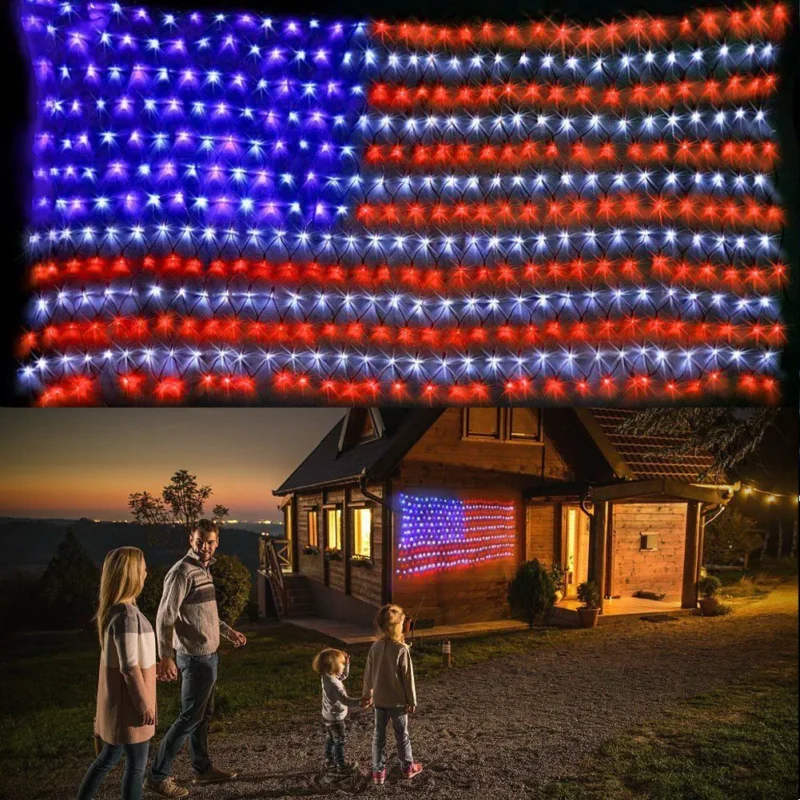 A family admires a luminous flag display, enhancing their Memorial Day Decoration Day.