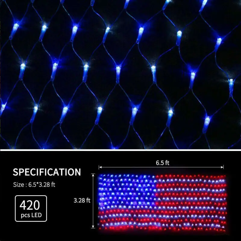 LED net lights in a U.S. flag pattern bring a festive feel to Memorial Day Decoration Day.