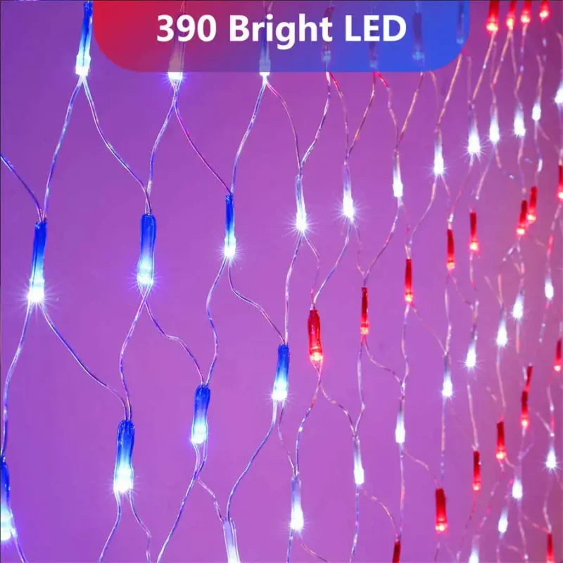 Close-up of bright red, white, and blue LED lights designed for Memorial Day Decoration Day.