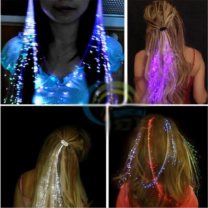 Fiber optic hair extensions glowing in different colors, complementing an LED belt.