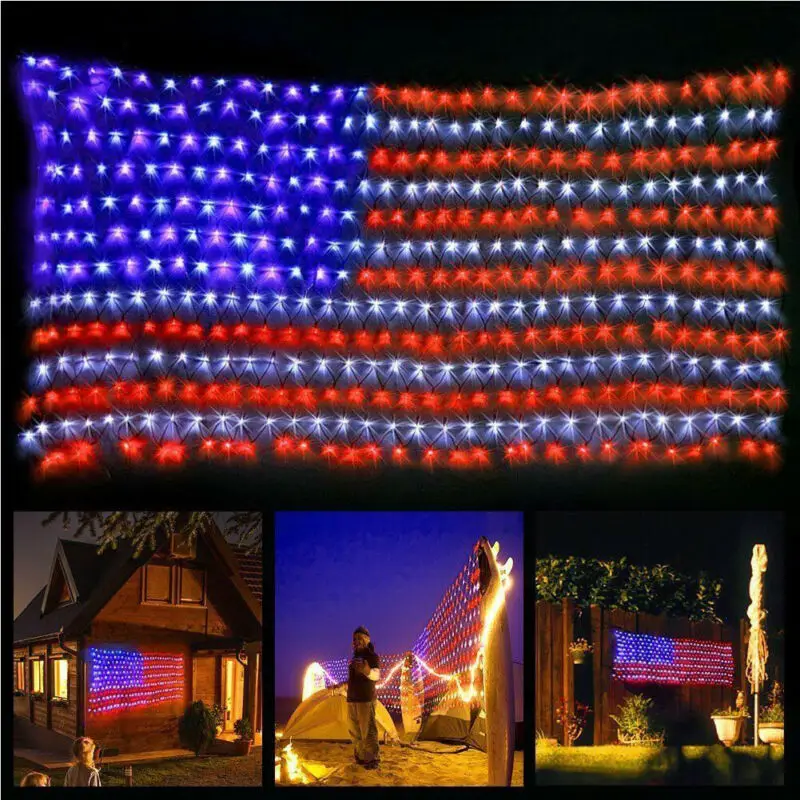 LED American flag lights illuminate the night, perfect for Memorial Day Decoration Day.